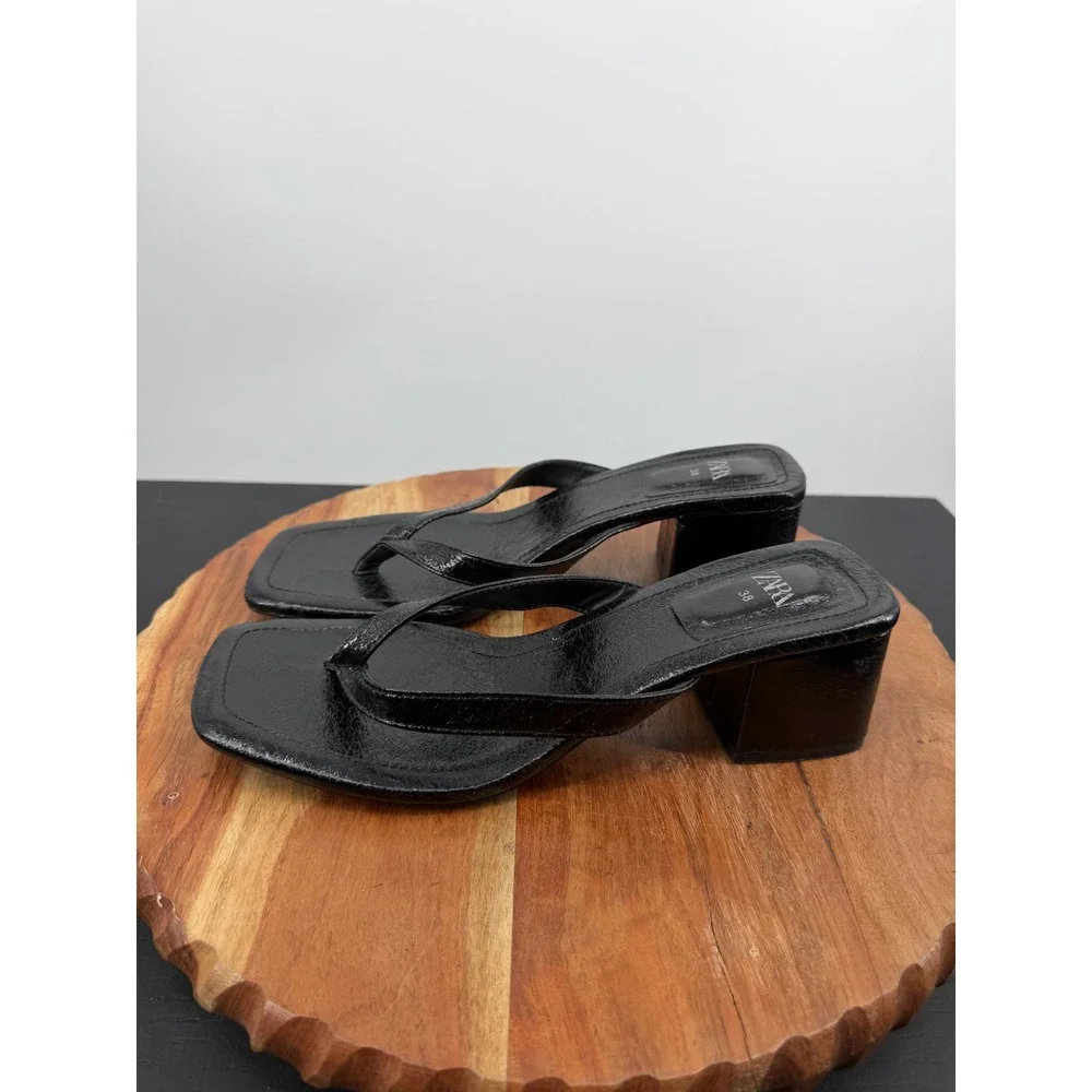 Zara Block Heel Thong Sandals Women 38 7 Black Square Toe Mules 3351/310/800